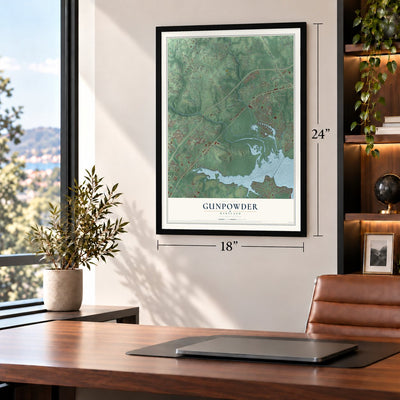Gunpowder, Maryland map, 18 x 24 inch print in a black frame in a home office