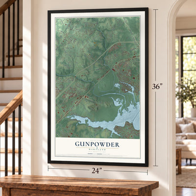 Gunpowder, Maryland map, 24 x 36 inch print in a black frame by a staircase