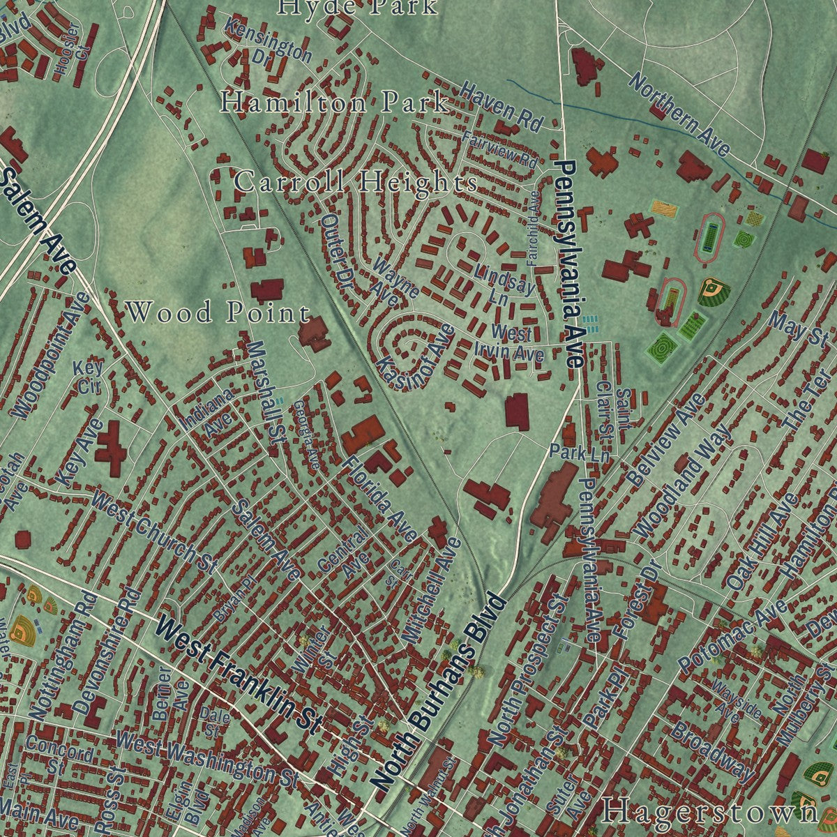 Close-up of the map of Hagerstown, Maryland print showing street and building detail