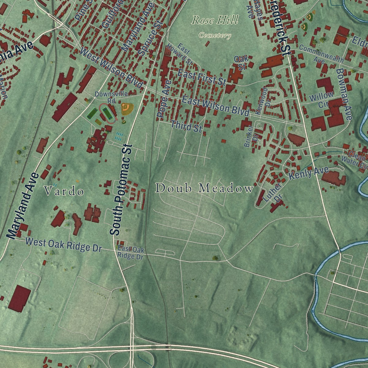 Second close-up of the map of Hagerstown, Maryland print showing more streets and buildings