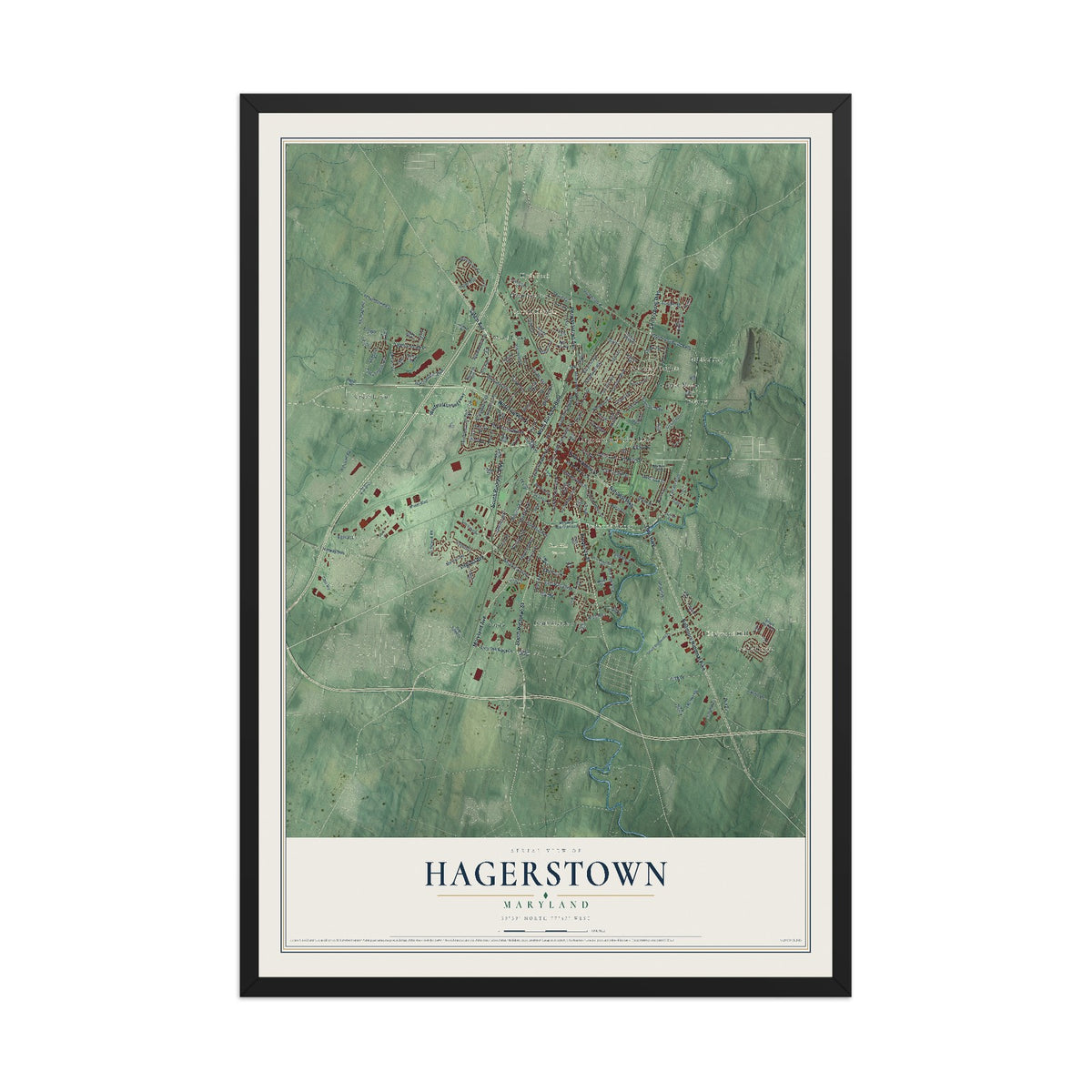 Map of Hagerstown, Maryland, 12 x 18 inch print in a black wood frame