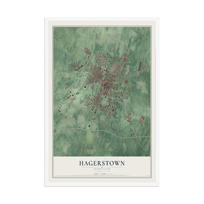 Map of Hagerstown, Maryland, 12 x 18 inch print in a white wood frame