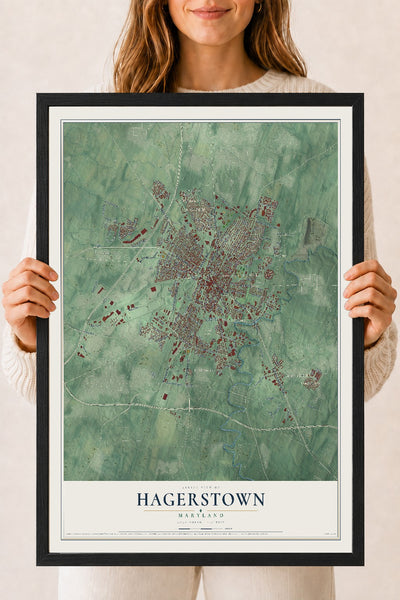 Map of Hagerstown, Maryland, 18 x 24 inch print in a black wood frame