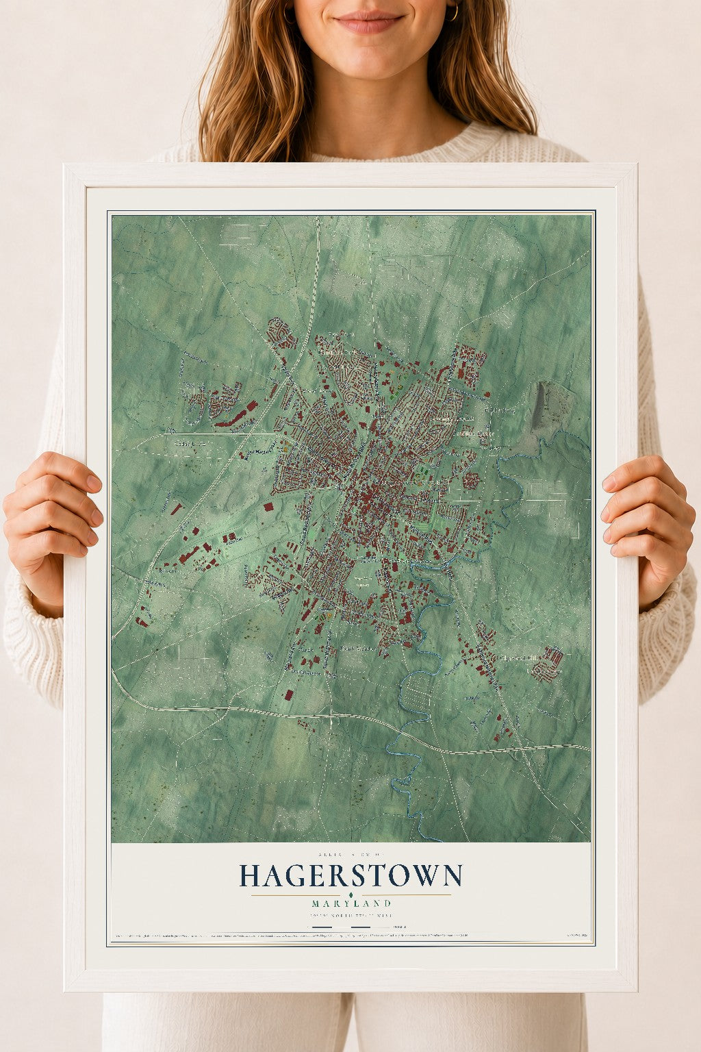 Map of Hagerstown, Maryland, 18 x 24 inch print in a white wood frame