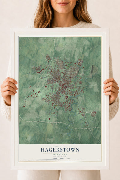 Map of Hagerstown, Maryland, 18 x 24 inch print in a white wood frame