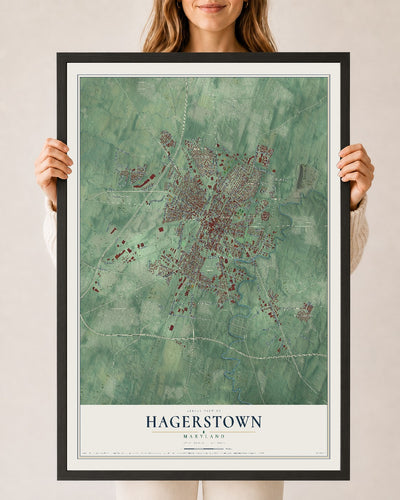 Map of Hagerstown, Maryland, 24 x 36 inch print in a black wood frame