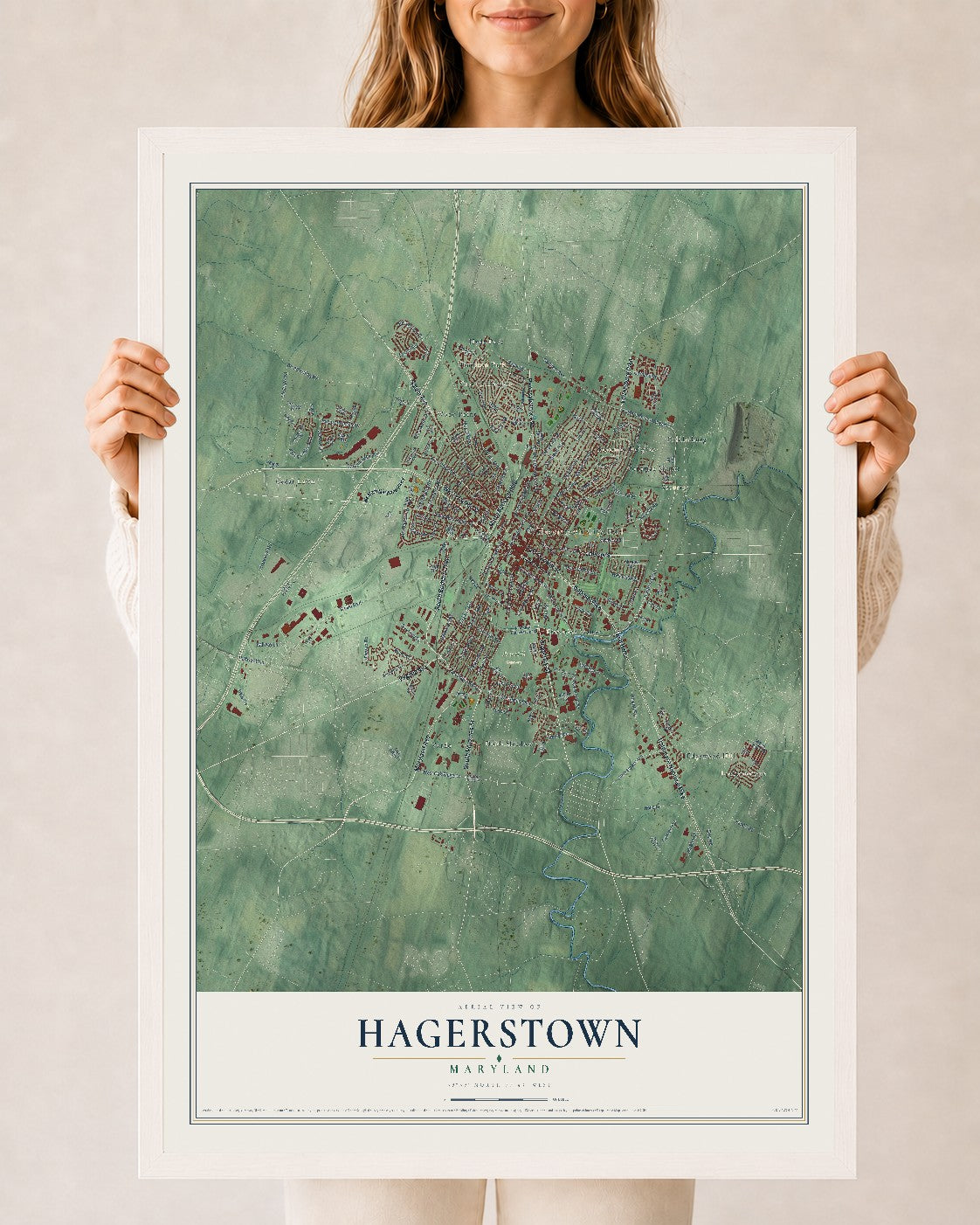 Map of Hagerstown, Maryland, 24 x 36 inch print in a white wood frame