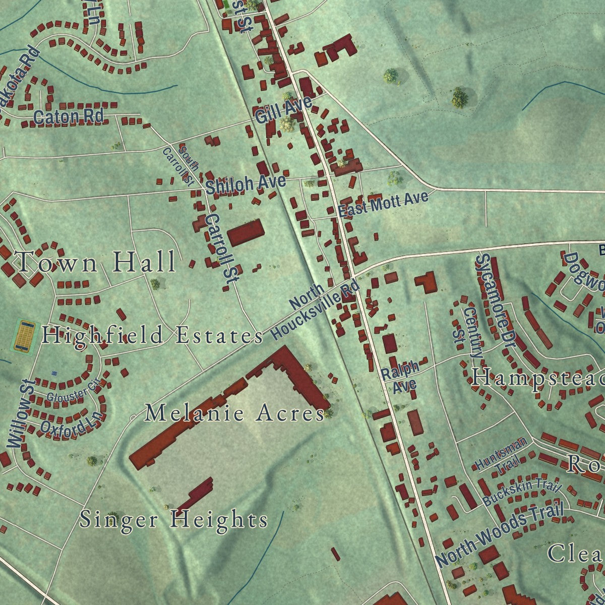 Close-up of the map of Hampstead, Maryland print showing street and building detail