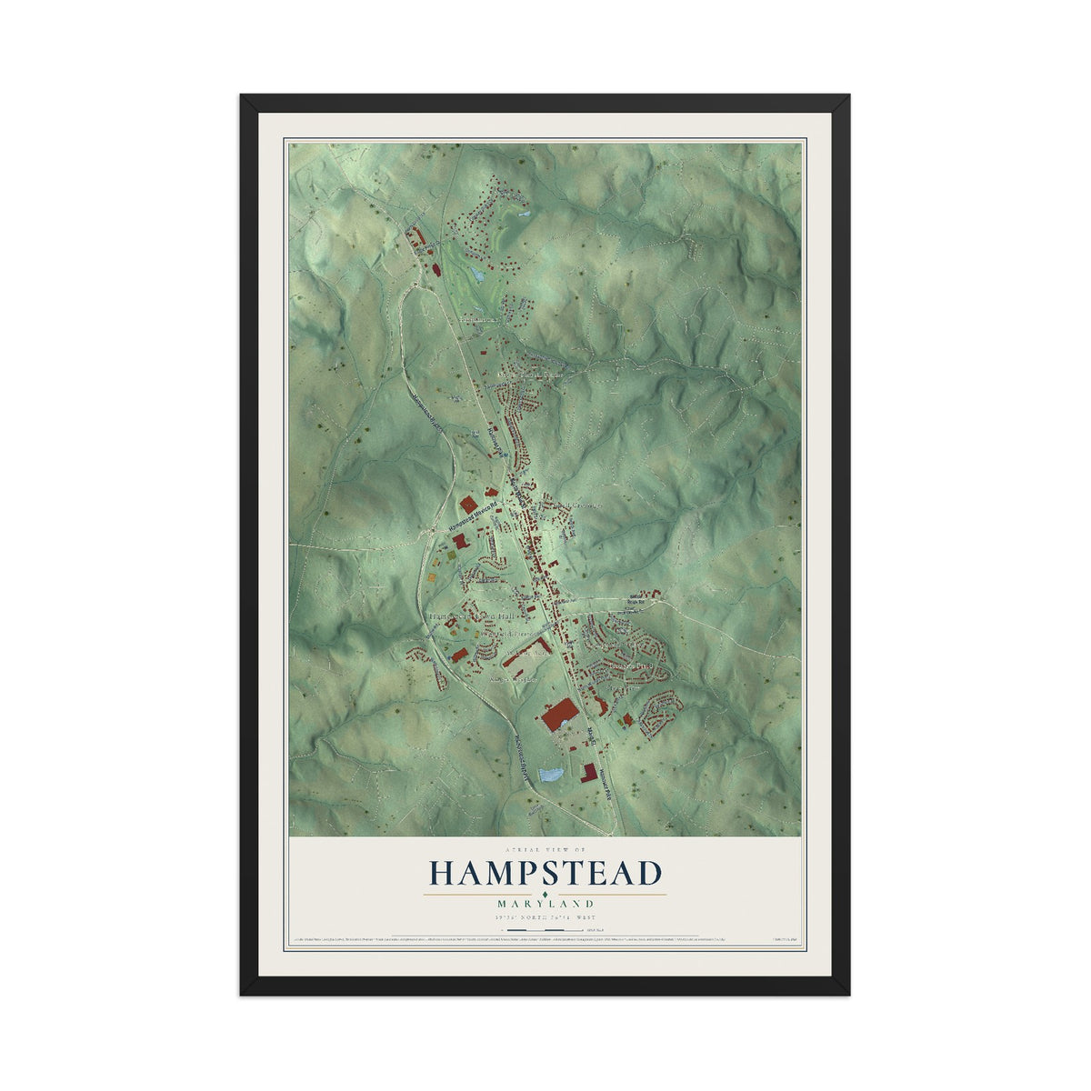 Map of Hampstead, Maryland, 12 x 18 inch print in a black wood frame