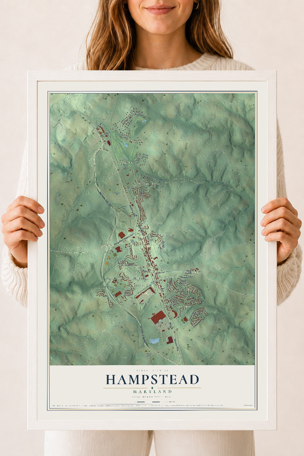 Map of Hampstead, Maryland, 18 x 24 inch print in a white wood frame