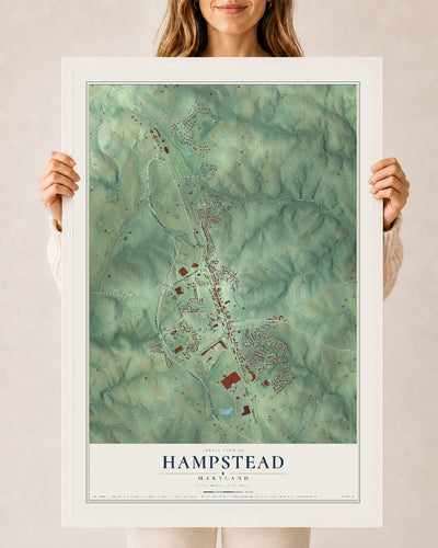 Map of Hampstead, Maryland, 24 x 36 inch print in a white wood frame