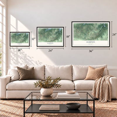 Hampton, Maryland map in 12 x 18, 18 x 24 and 24 x 36 inch sizes above a sofa
