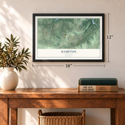 Hampton, Maryland map, 12 x 18 inch print in a black frame in an entryway