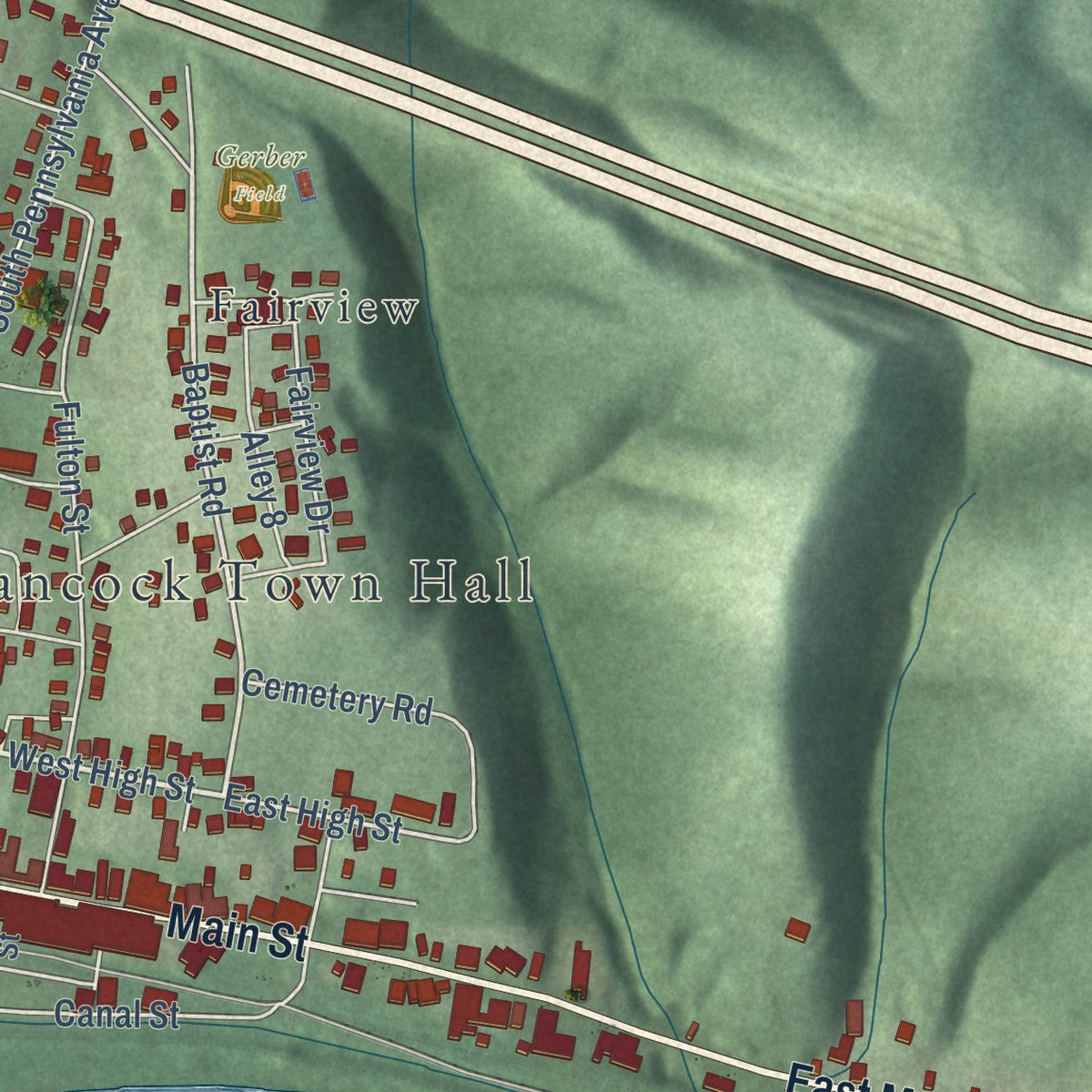 Second close-up of the map of Hancock, Maryland print showing more streets and buildings