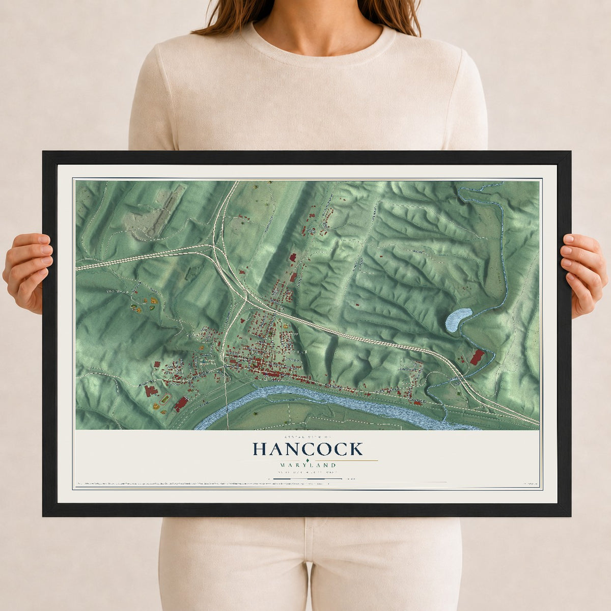 Map of Hancock, Maryland, 12 x 18 inch print in a black wood frame