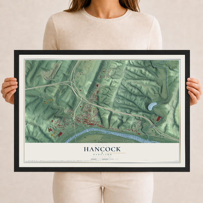 Map of Hancock, Maryland, 12 x 18 inch print in a black wood frame