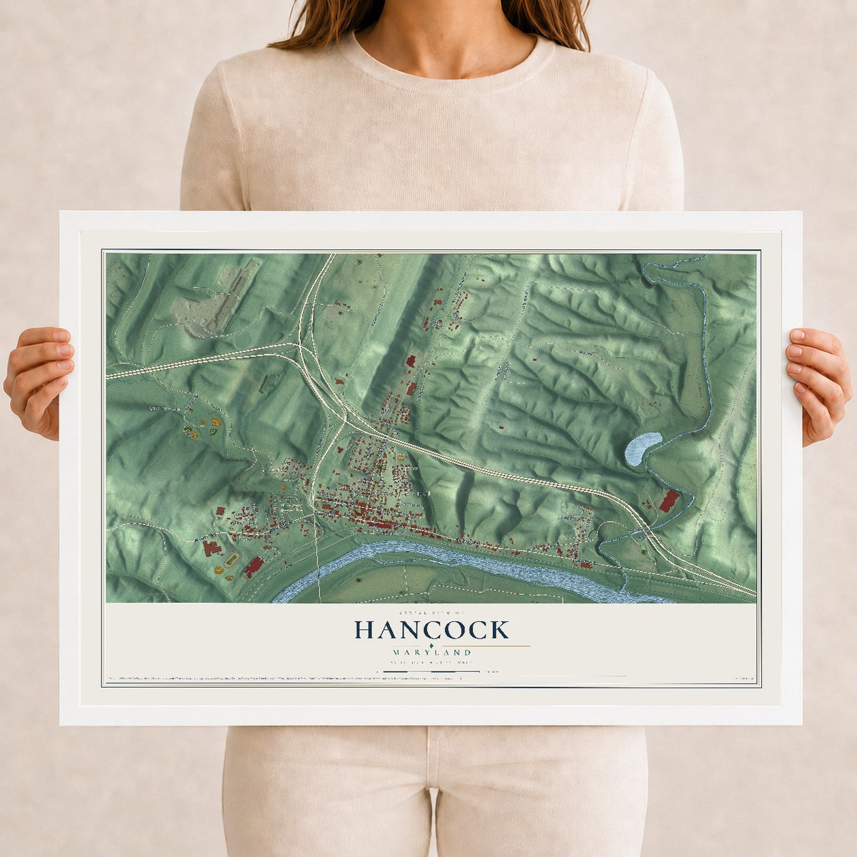 Map of Hancock, Maryland, 12 x 18 inch print in a white wood frame