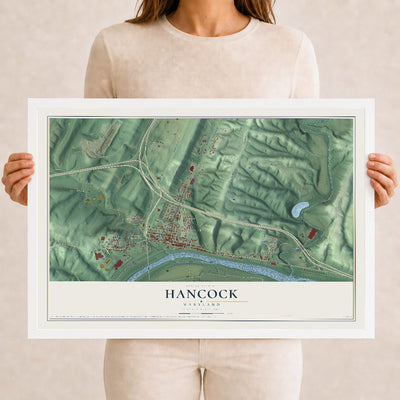 Map of Hancock, Maryland, 12 x 18 inch print in a white wood frame