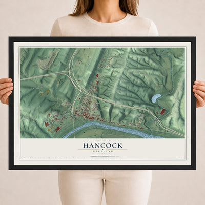 Map of Hancock, Maryland, 18 x 24 inch print in a black wood frame
