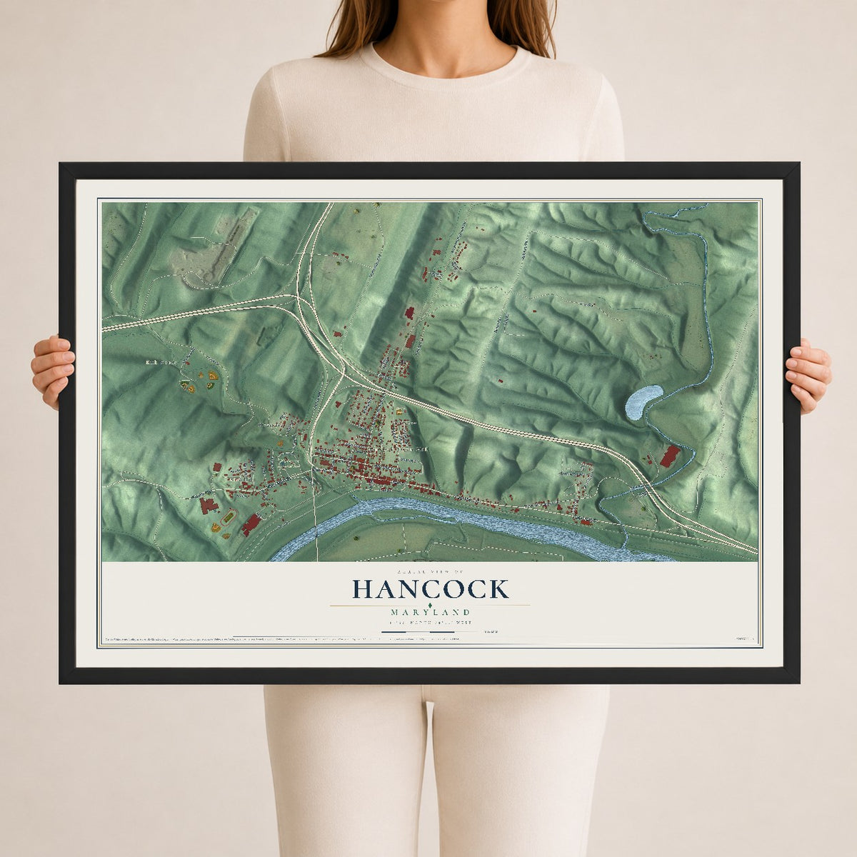 Map of Hancock, Maryland, 24 x 36 inch print in a black wood frame