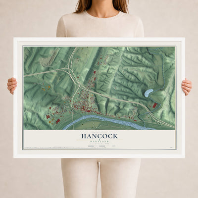 Map of Hancock, Maryland, 24 x 36 inch print in a white wood frame