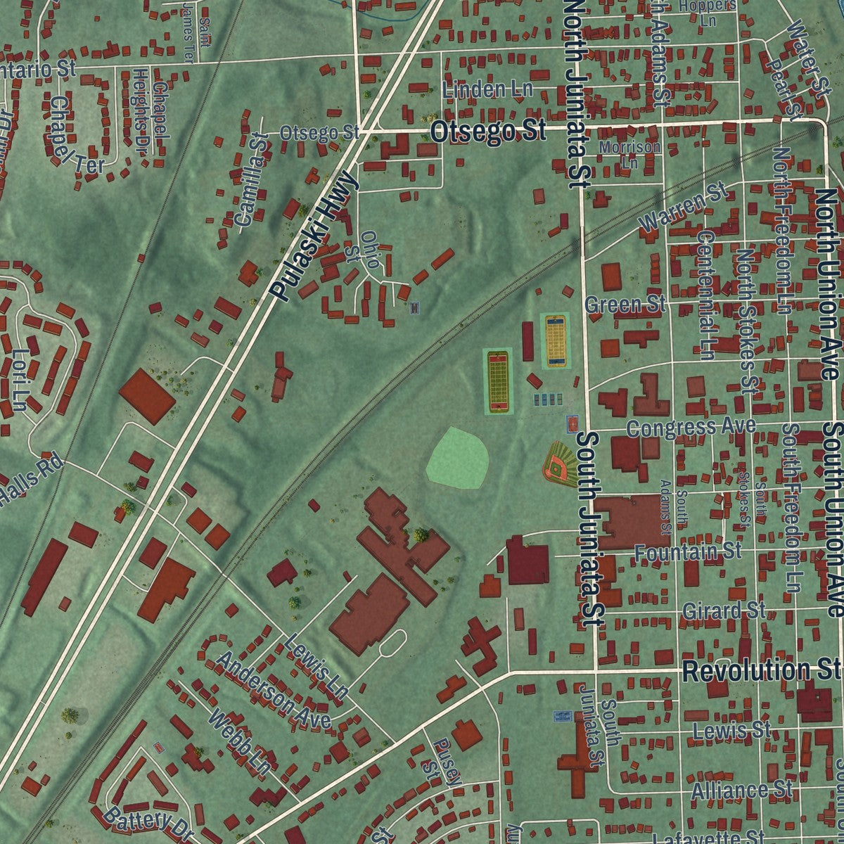 Close-up of the map of Havre de Grace, Maryland print showing street and building detail