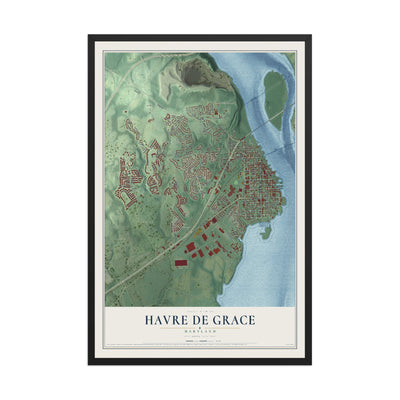 Map of Havre de Grace, Maryland, 12 x 18 inch print in a black wood frame