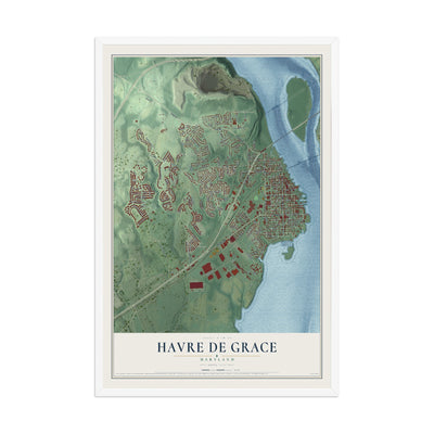 Map of Havre de Grace, Maryland, 12 x 18 inch print in a white wood frame