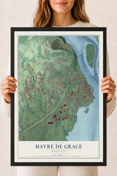 Map of Havre de Grace, Maryland, 18 x 24 inch print in a black wood frame