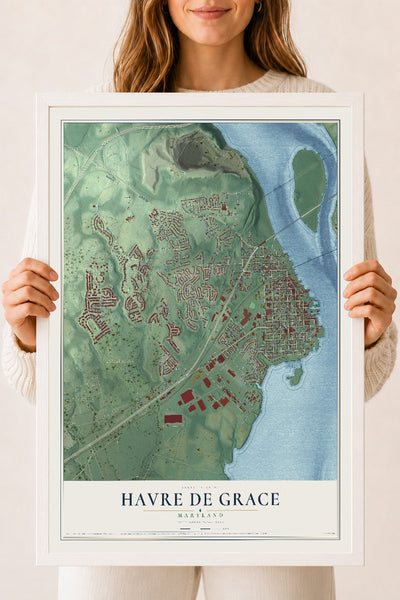 Map of Havre de Grace, Maryland, 18 x 24 inch print in a white wood frame