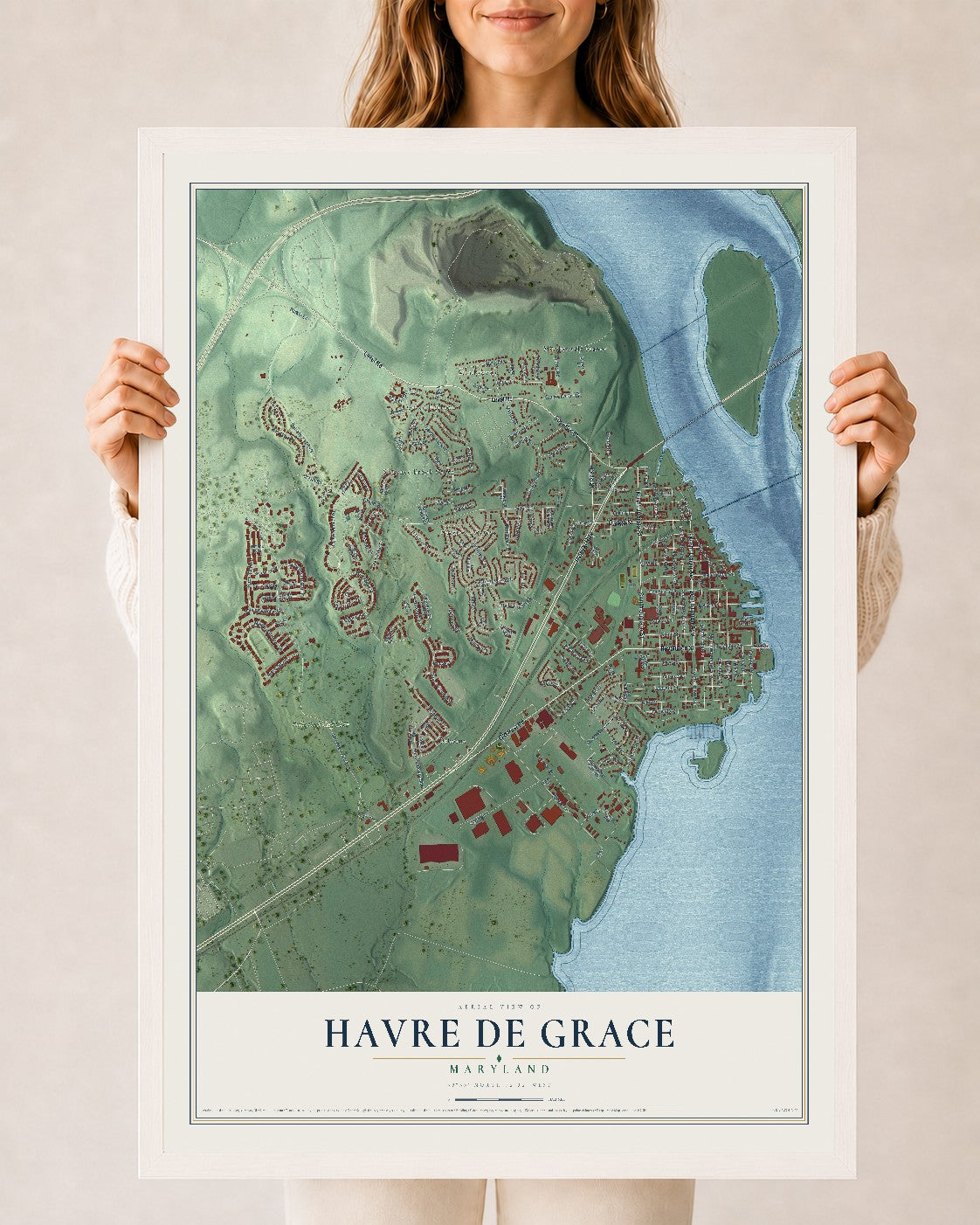 Map of Havre de Grace, Maryland, 24 x 36 inch print in a white wood frame