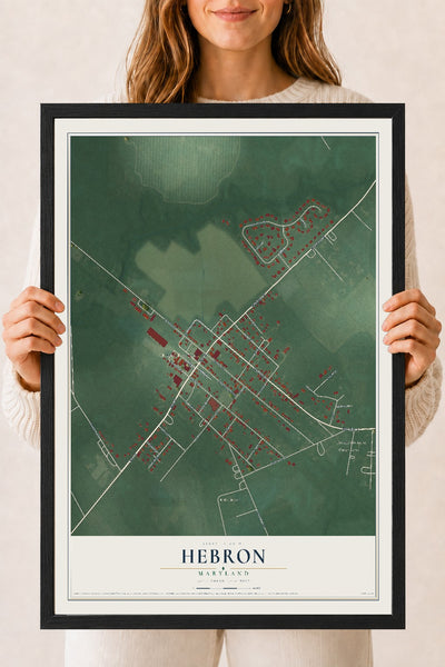 Map of Hebron, Maryland, 18 x 24 inch print in a black wood frame