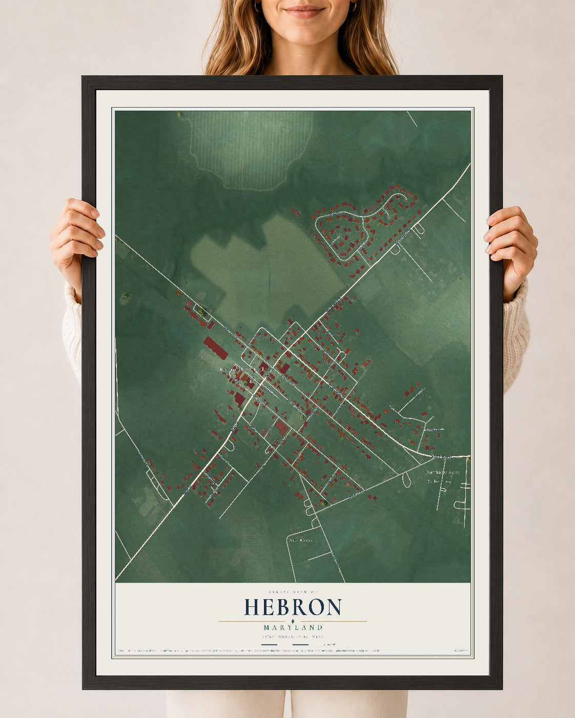 Map of Hebron, Maryland, 24 x 36 inch print in a black wood frame