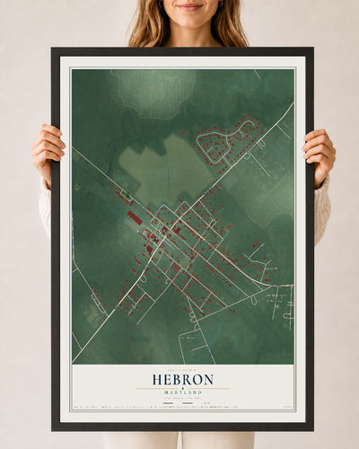 Map of Hebron, Maryland, 24 x 36 inch print in a black wood frame