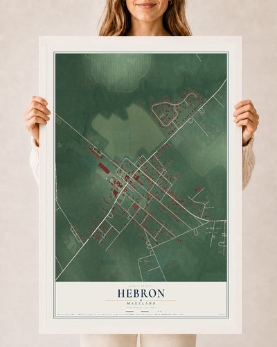 Map of Hebron, Maryland, 24 x 36 inch print in a white wood frame