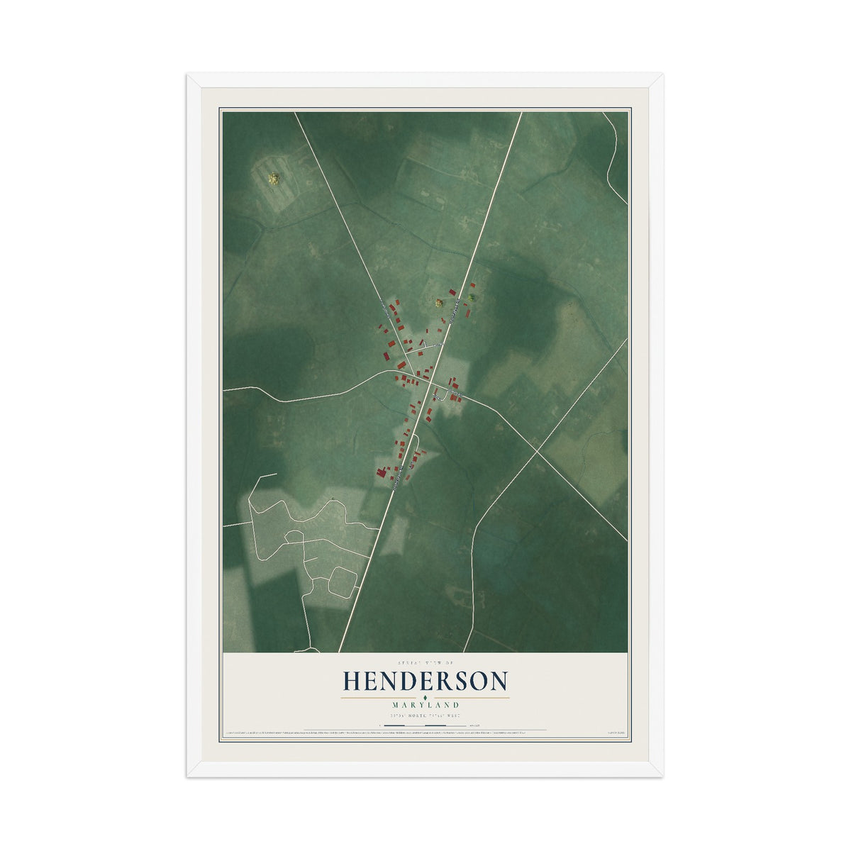 Map of Henderson, Maryland, 12 x 18 inch print in a white wood frame