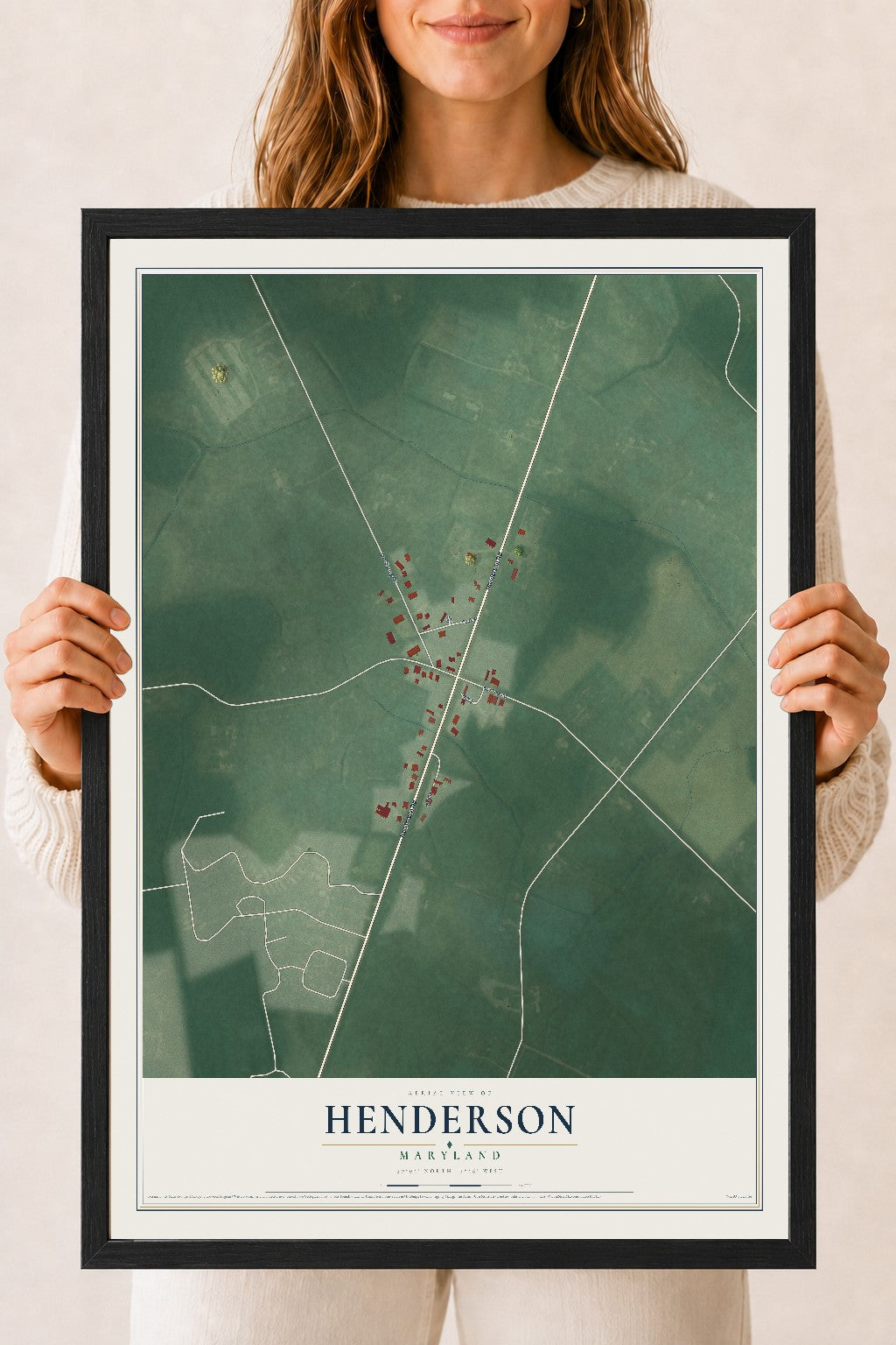 Map of Henderson, Maryland, 18 x 24 inch print in a black wood frame