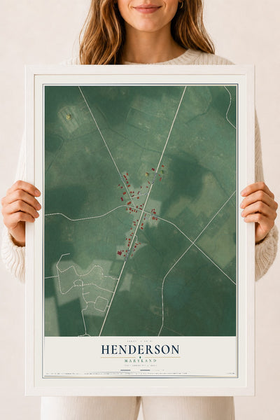 Map of Henderson, Maryland, 18 x 24 inch print in a white wood frame