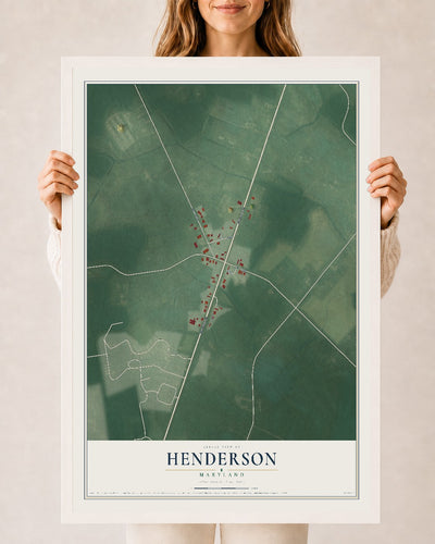 Map of Henderson, Maryland, 24 x 36 inch print in a white wood frame