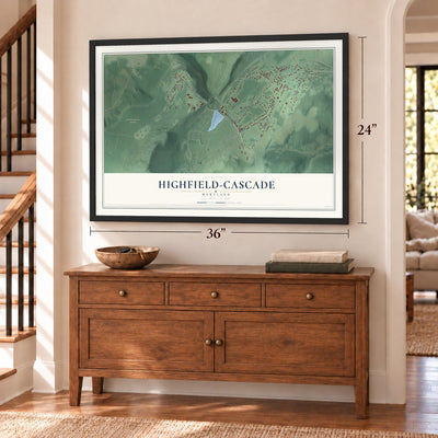 Highfield-Cascade, Maryland map, 24 x 36 inch print in a black frame above a dresser by a staircase