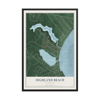 Map of Highland Beach, Maryland, 12 x 18 inch print in a black wood frame
