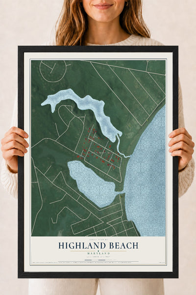 Map of Highland Beach, Maryland, 18 x 24 inch print in a black wood frame