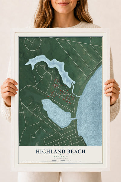Map of Highland Beach, Maryland, 18 x 24 inch print in a white wood frame