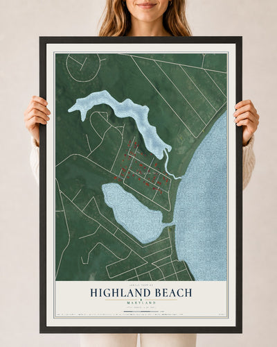 Map of Highland Beach, Maryland, 24 x 36 inch print in a black wood frame