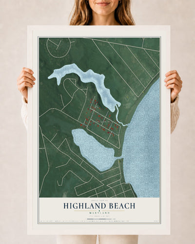 Map of Highland Beach, Maryland, 24 x 36 inch print in a white wood frame