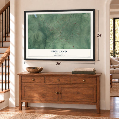Highland, Maryland map, 24 x 36 inch print in a black frame above a dresser by a staircase