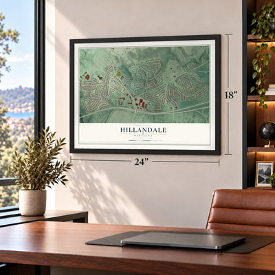 Hillandale, Maryland map, 18 x 24 inch print in a black frame in a home office