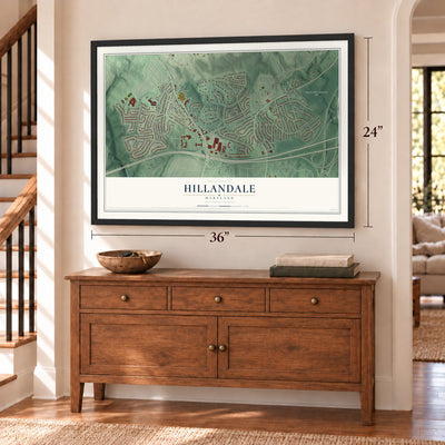 Hillandale, Maryland map, 24 x 36 inch print in a black frame above a dresser by a staircase