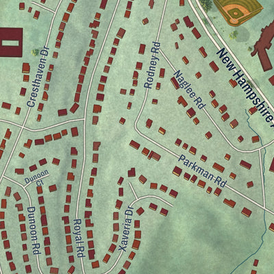 Close-up of the map of Hillandale, Maryland print showing street and building detail