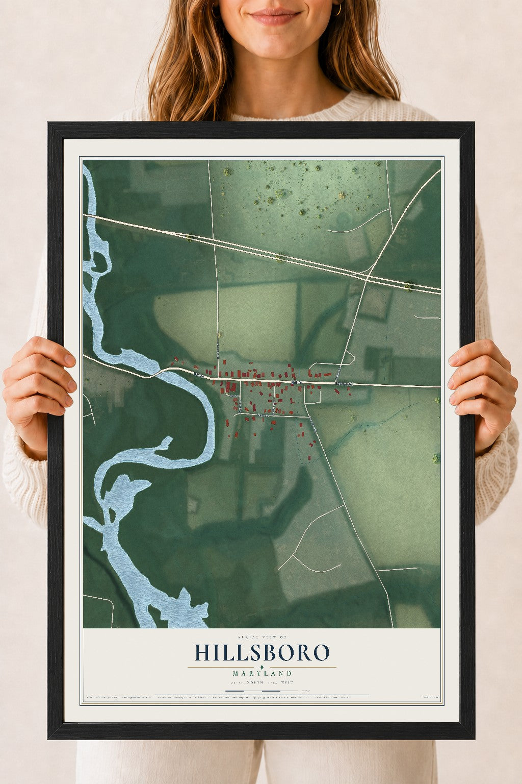 Map of Hillsboro, Maryland, 18 x 24 inch print in a black wood frame